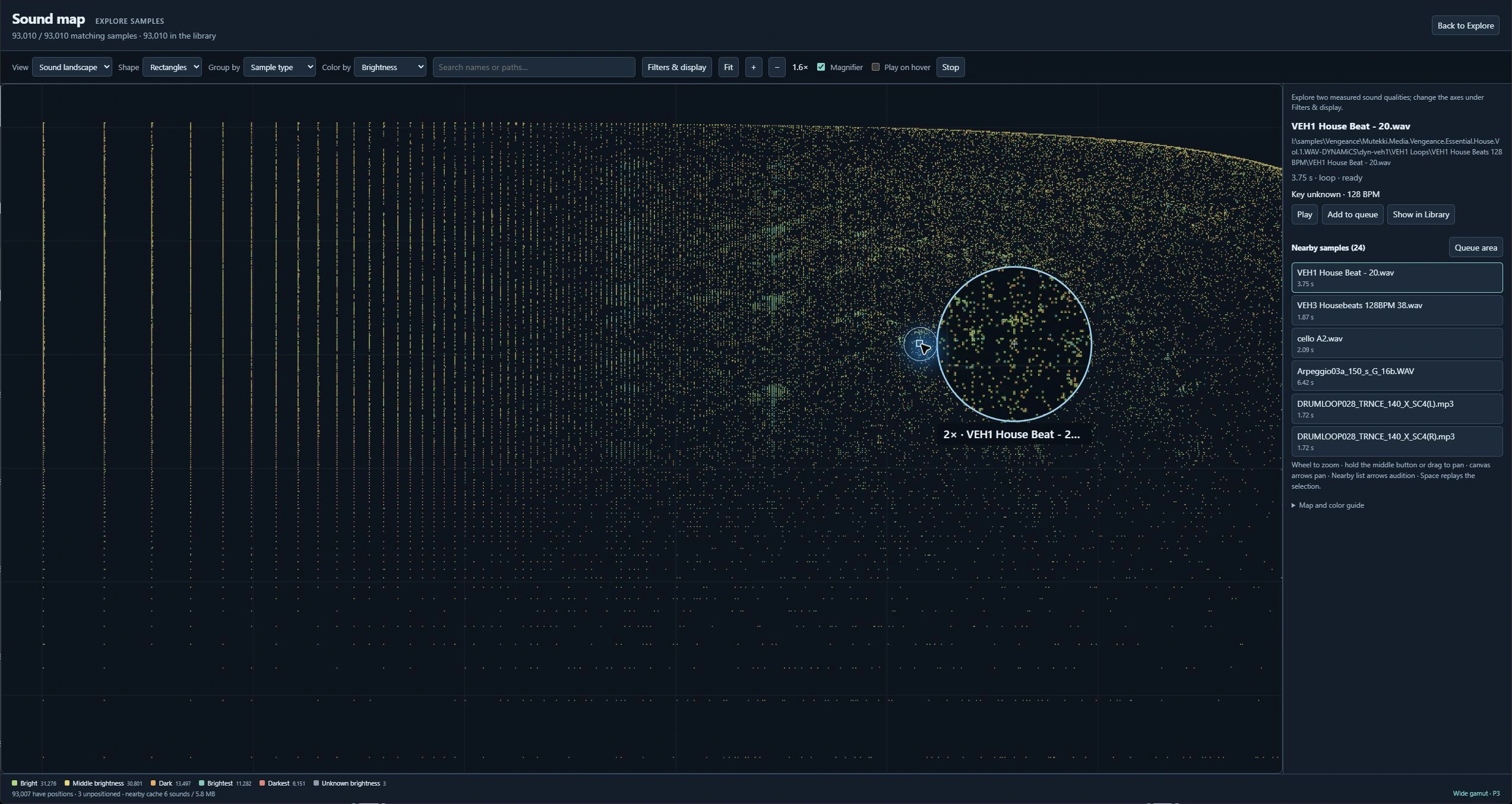 Zoomed native sound landscape with 2× magnifier and a real selected loop