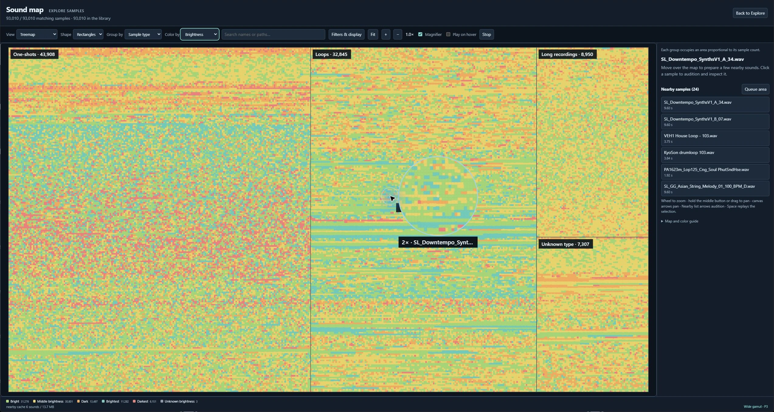 Actual count-proportional treemap with varied brightness colors