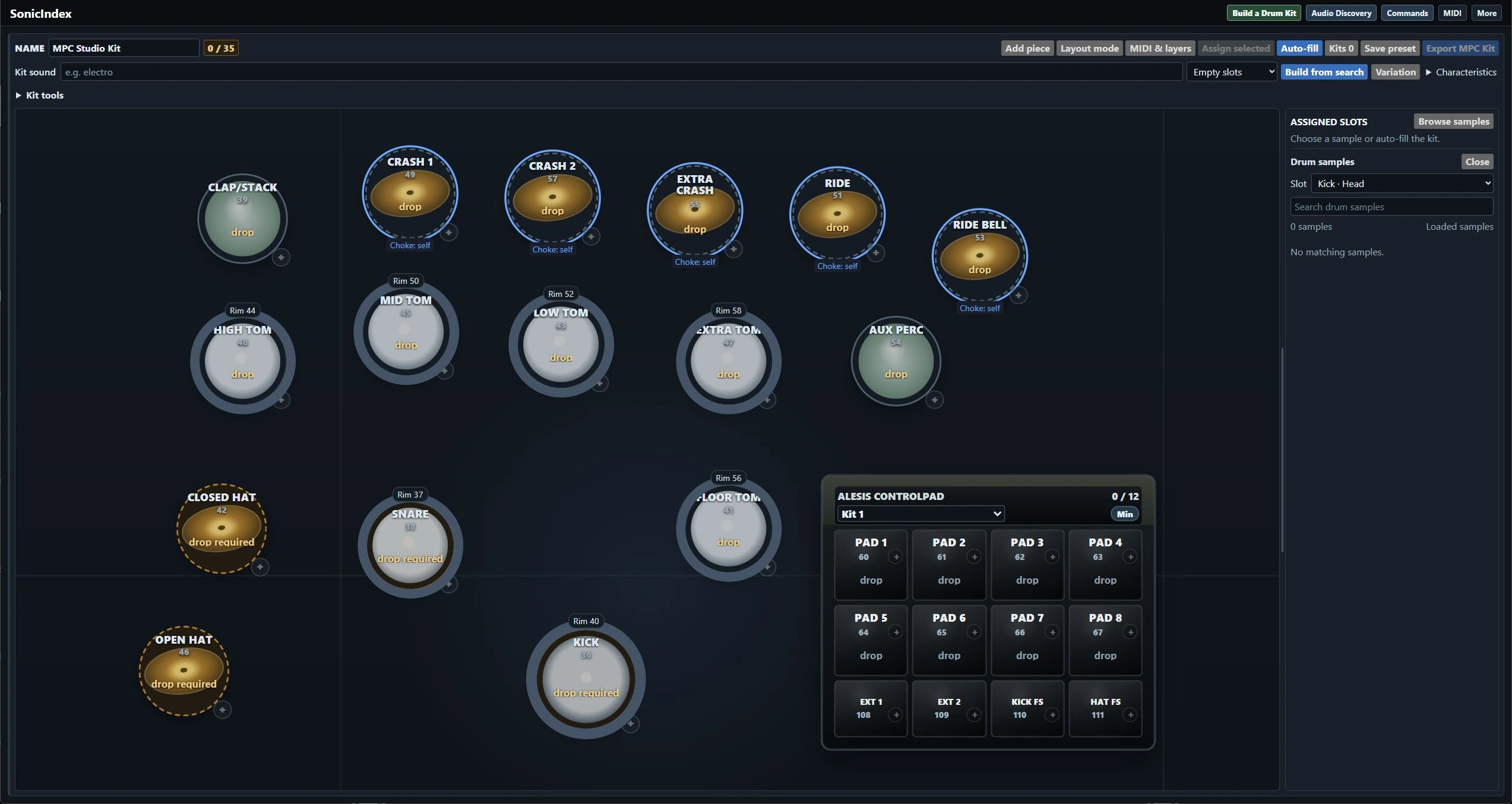 Native visual drum-kit builder with drums, cymbals, rim zones and Alesis ControlPad
