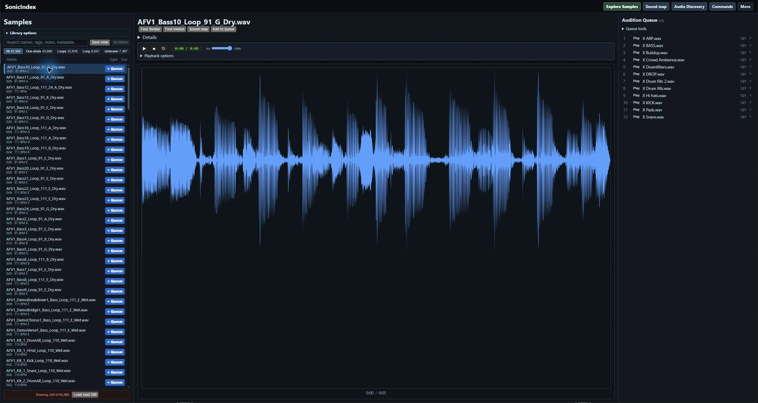 Current Explore Samples workspace with Library search, waveform transport and Audition Queue