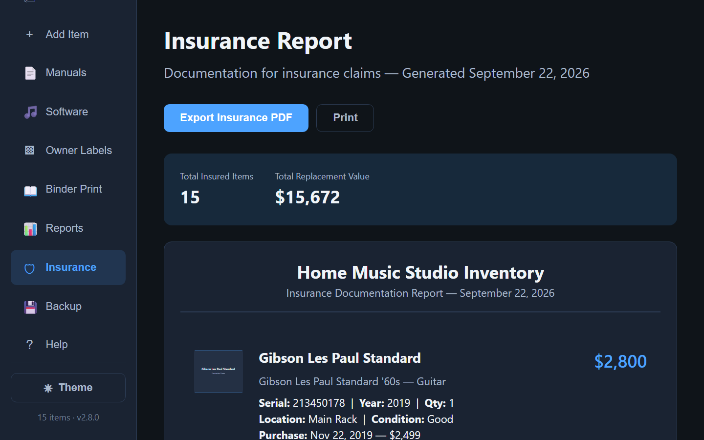 Insurance report with a collection replacement total and individual equipment records