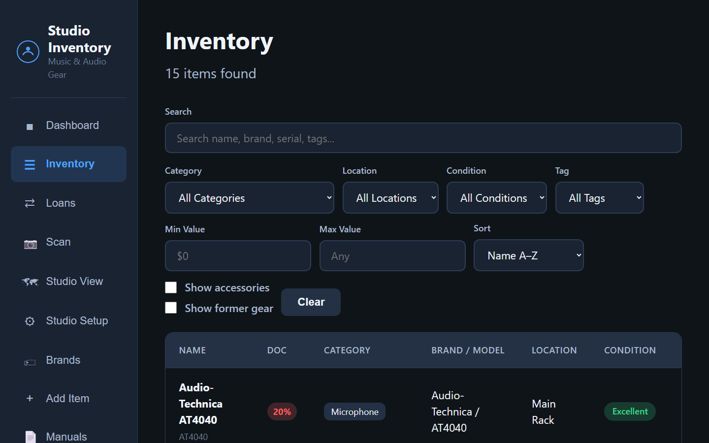 Studio Inventory list showing equipment, search, category filters, and values