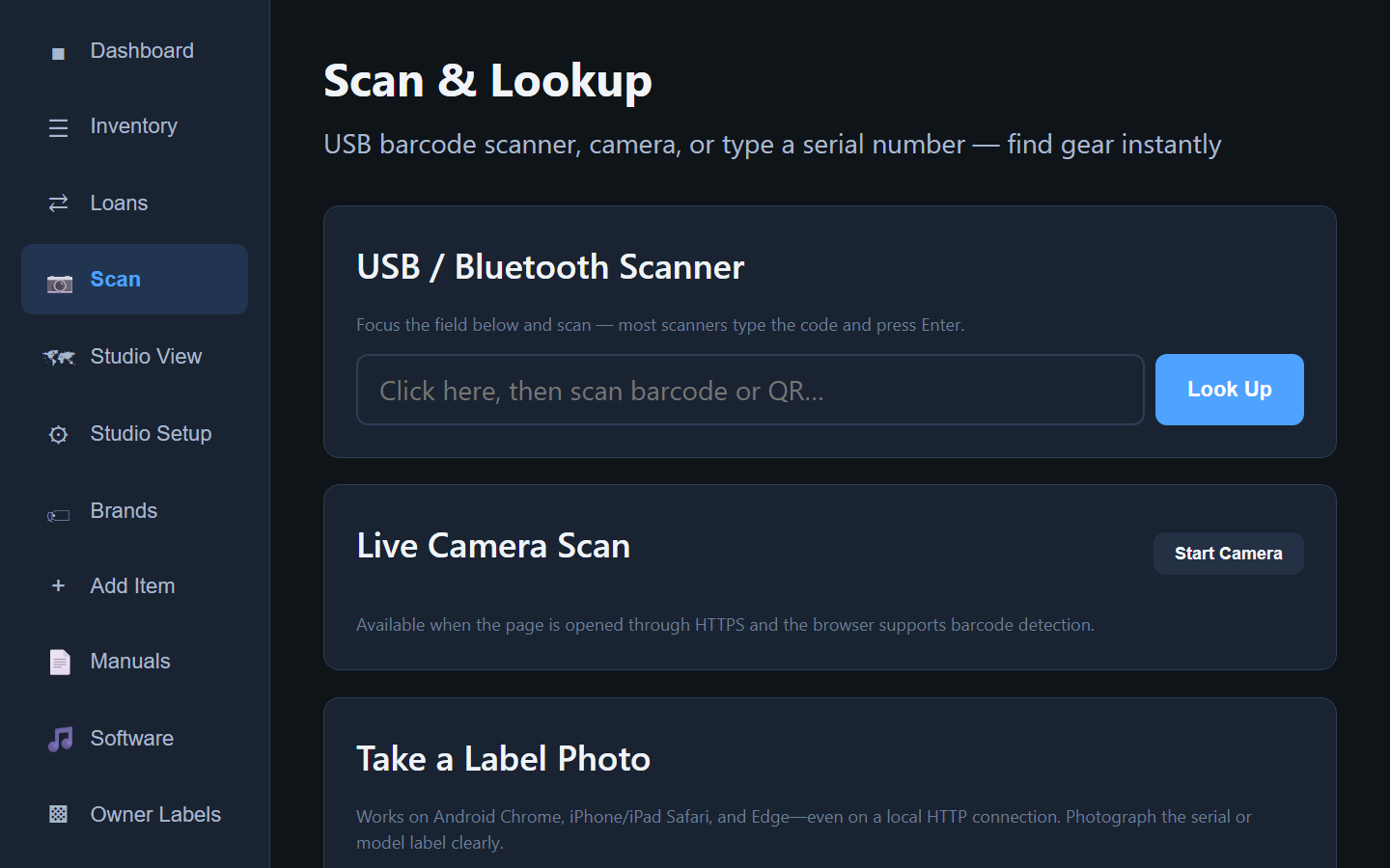 Scan and lookup screen with scanner input and a label photo option
