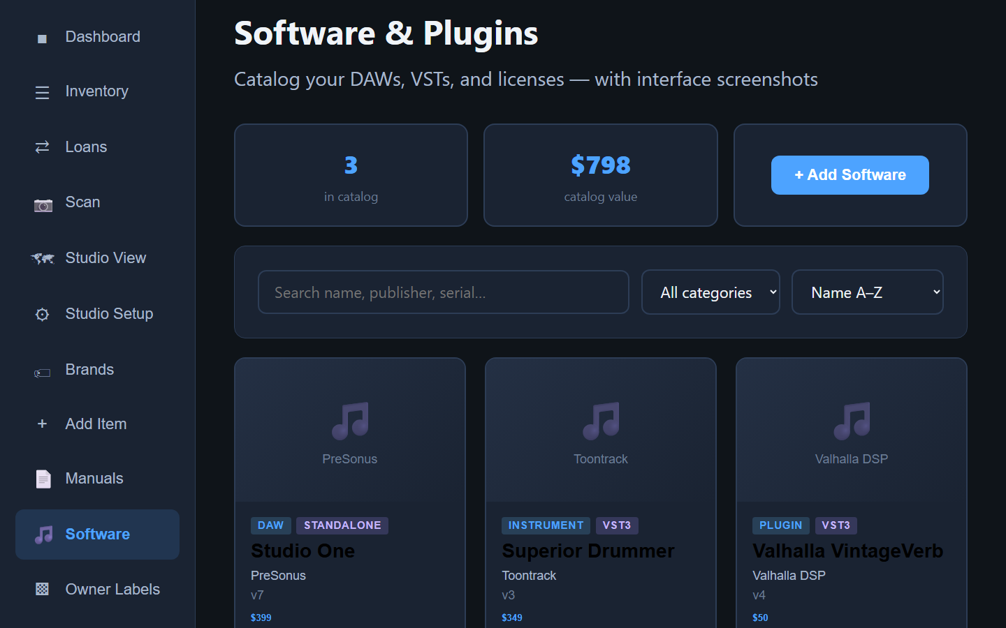 Software catalog showing DAW and plug-in licenses with values